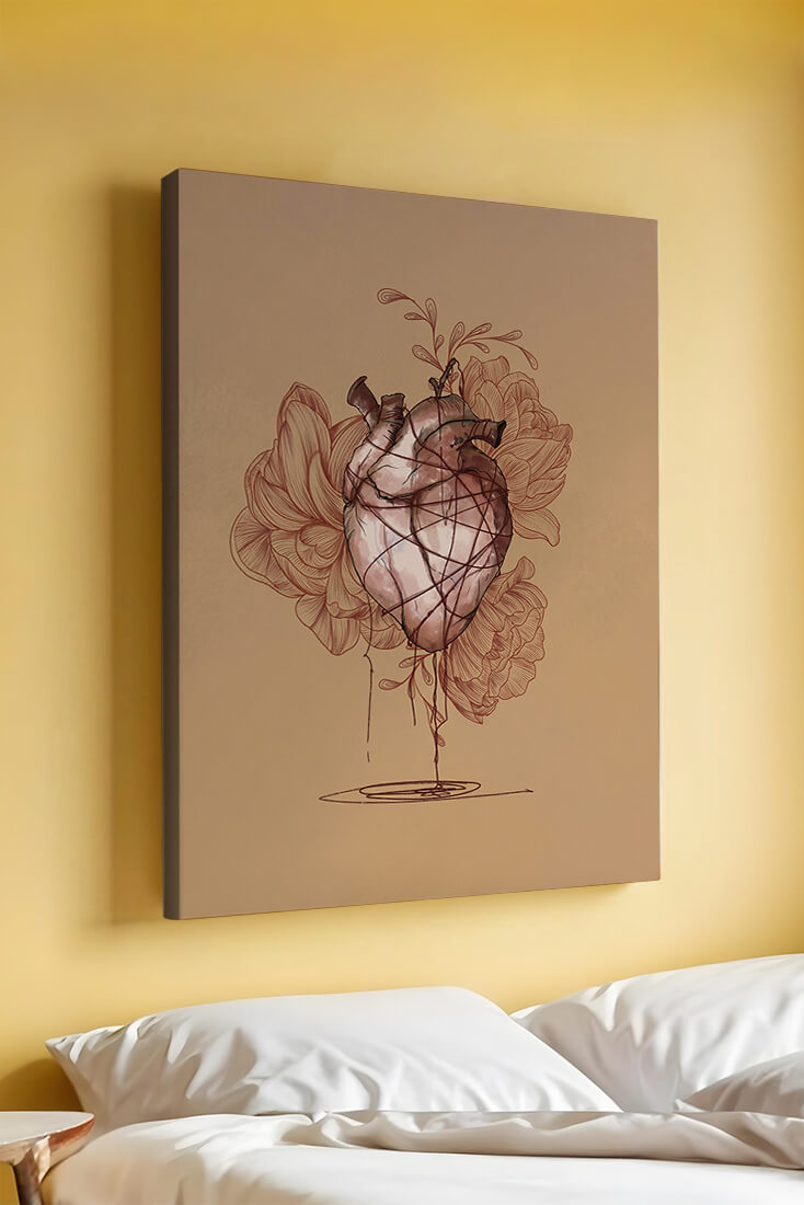 Ilustración detallada de un corazón anatómico con elementos florales sobre un fondo beige.
