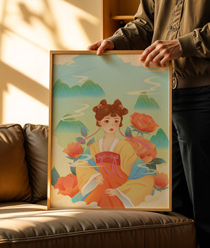 Traditional Asian Art with Woman in Hanfu Surrounded by Mountains and Peonies