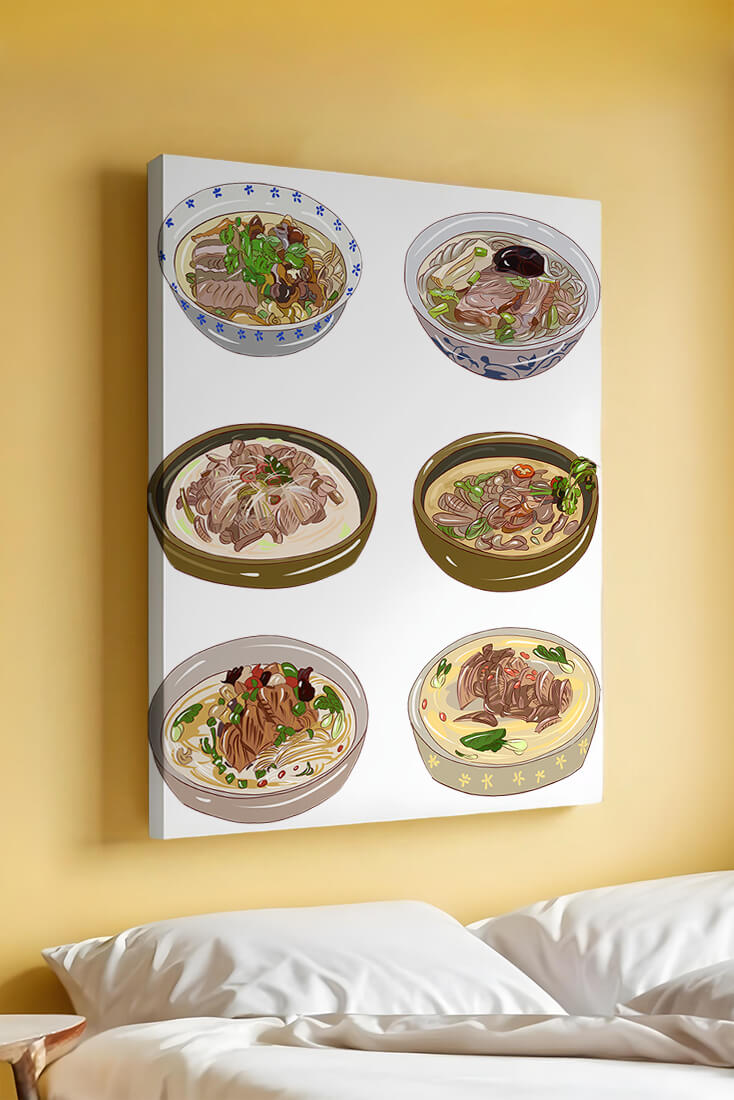 Illustrated bowls of Asian noodle soups with herbs and vegetables