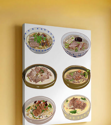 Illustrated bowls of Asian noodle soups with herbs and vegetables