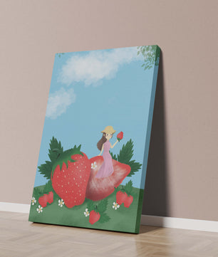 Ilustración encantadora de una niña en un campo de fresas