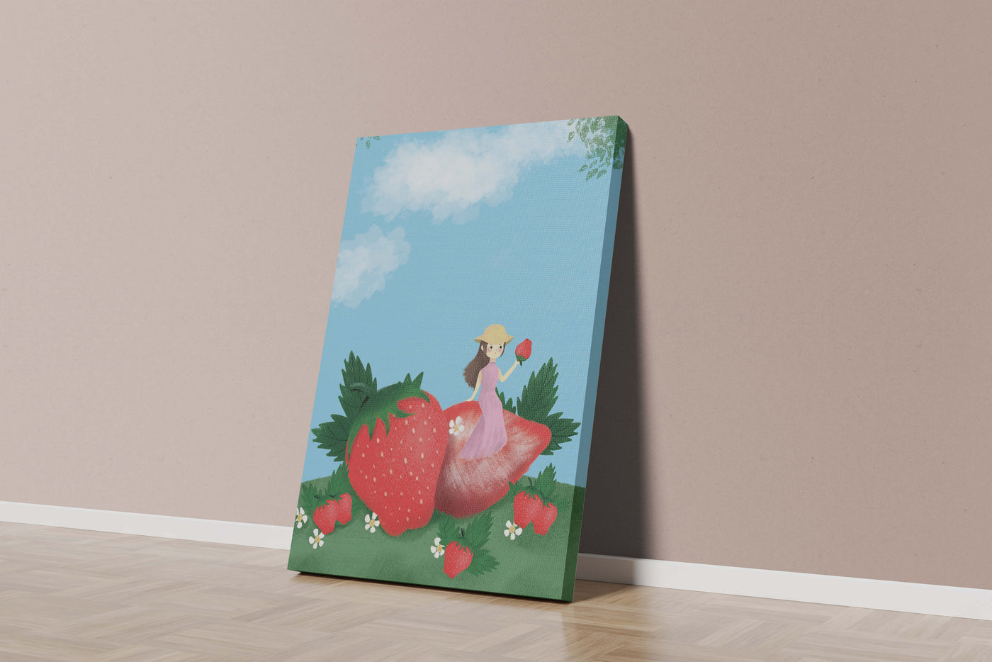 Charming illustration of a girl in a strawberry field
