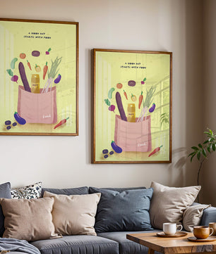 Ilustración de vegetales frescos y leche en una bolsa de comestibles