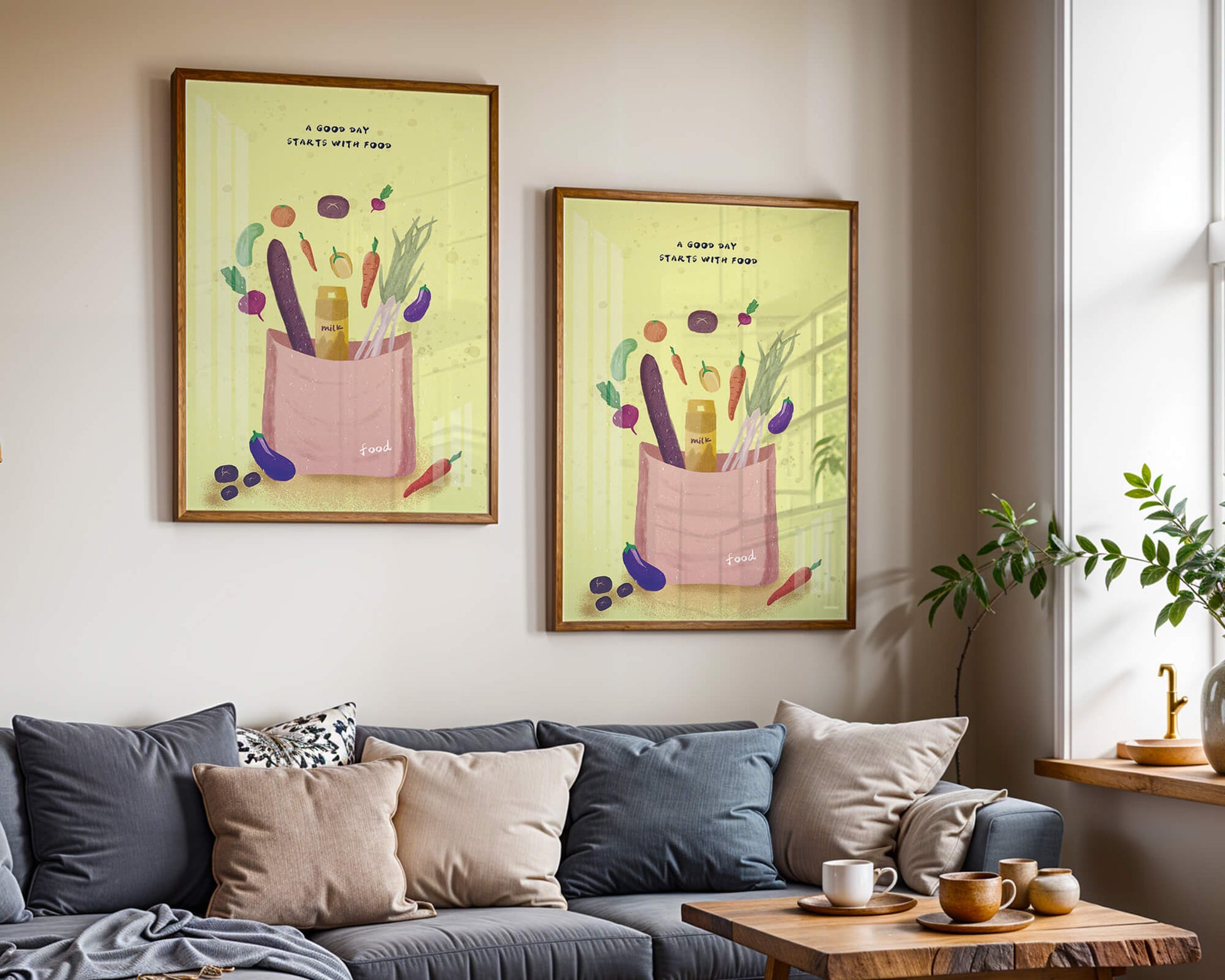 Ilustración de vegetales frescos y leche en una bolsa de comestibles