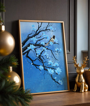 Bird on a branch with blue flowers against a snowy background