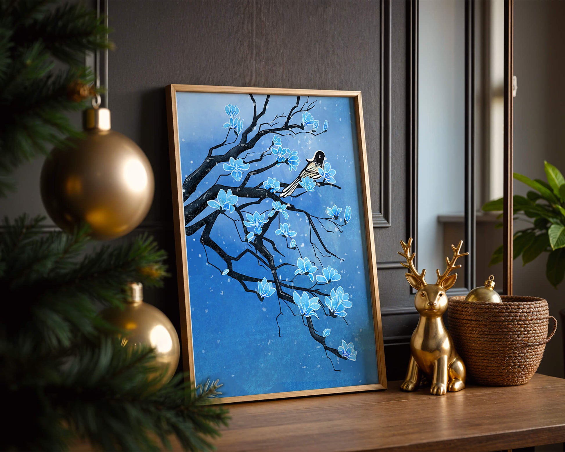Bird on a branch with blue flowers against a snowy background