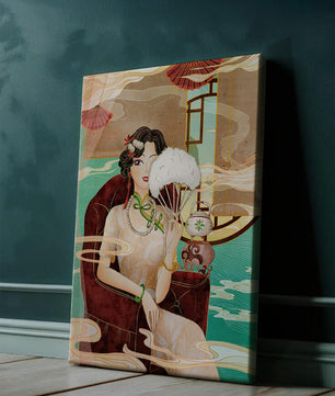 Œuvre d'art élégante d'inspiration asiatique vintage représentant une femme avec un éventail