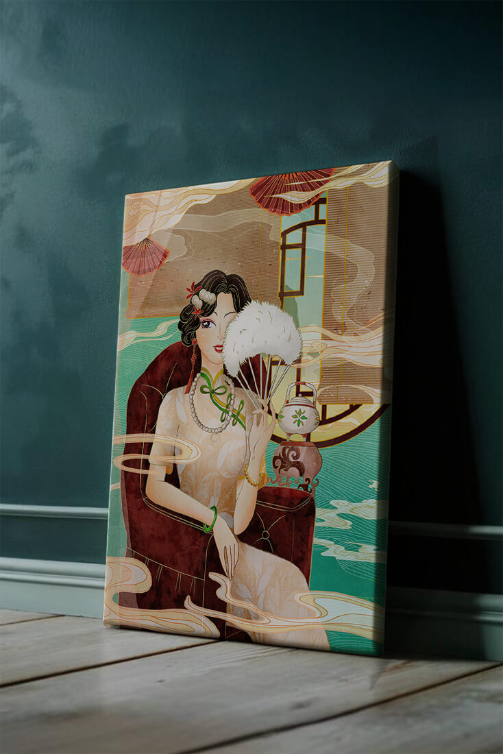 Elegant vintage Asian-inspired artwork featuring a woman with a fan