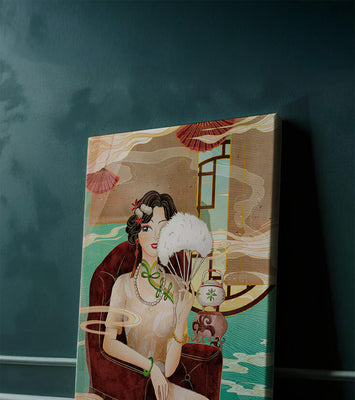 Elegant vintage Asian-inspired artwork featuring a woman with a fan