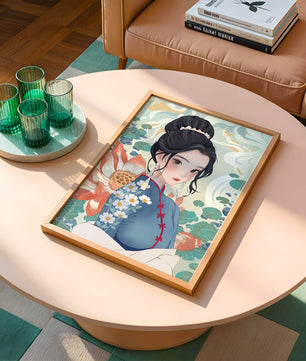 Una mujer elegante con vestido tradicional oriental con patrones florales y flores de loto