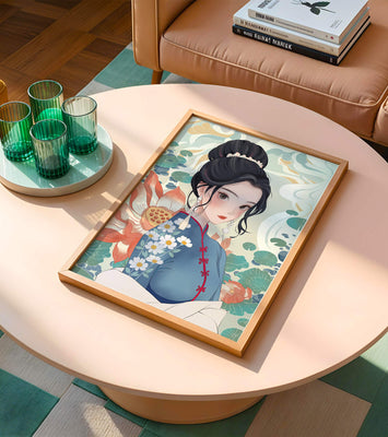 An Elegant Woman in Traditional Oriental Dress with Floral Patterns and Lotus Flowers