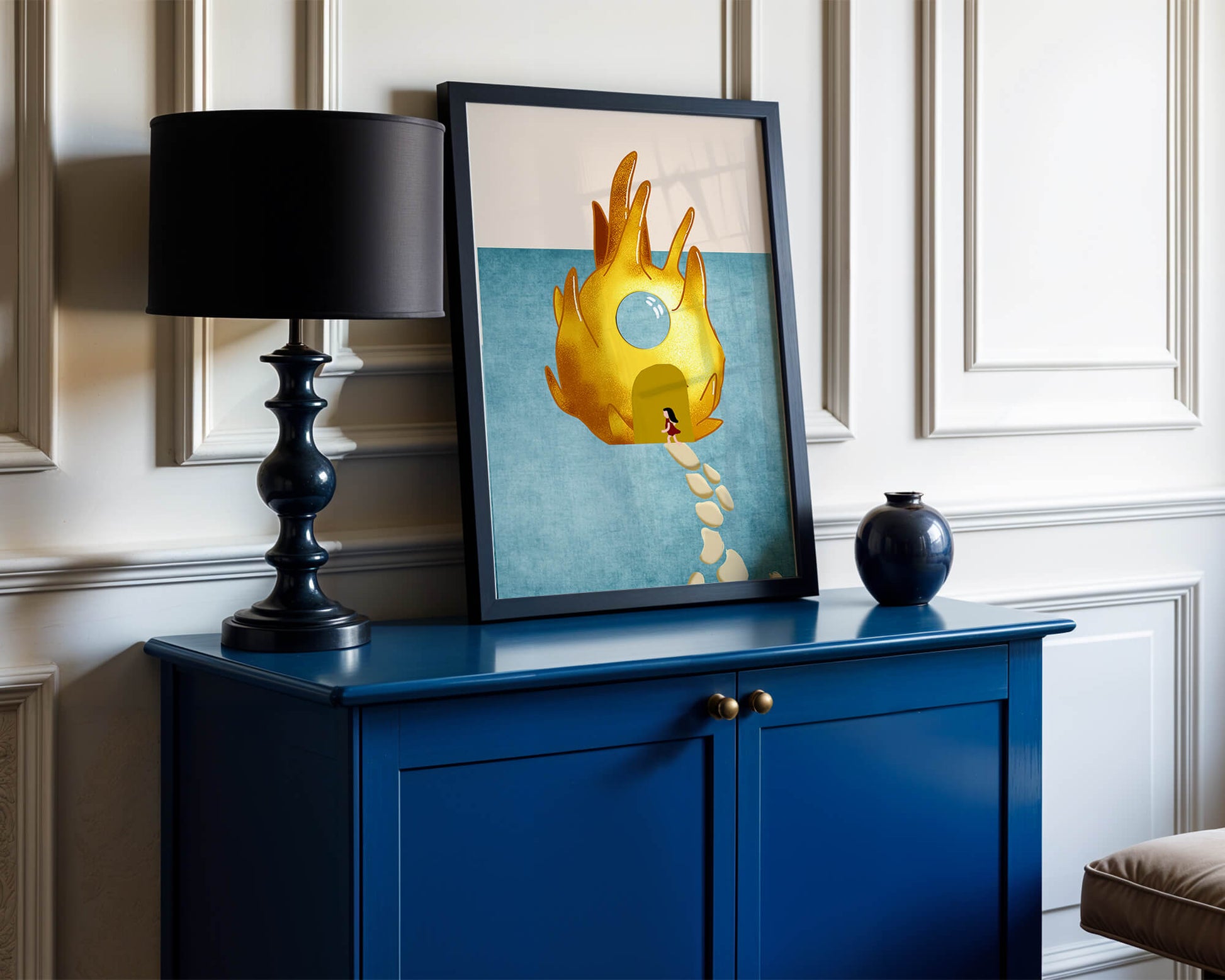 Enchanted House With Golden Flame Shape On Light Blue Background