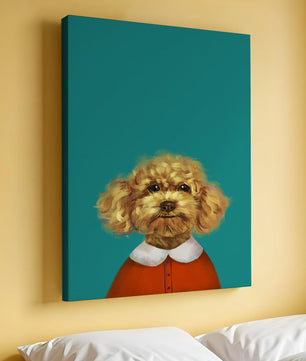 Portrait de caniche charmant en tenue de fête sur fond turquoise