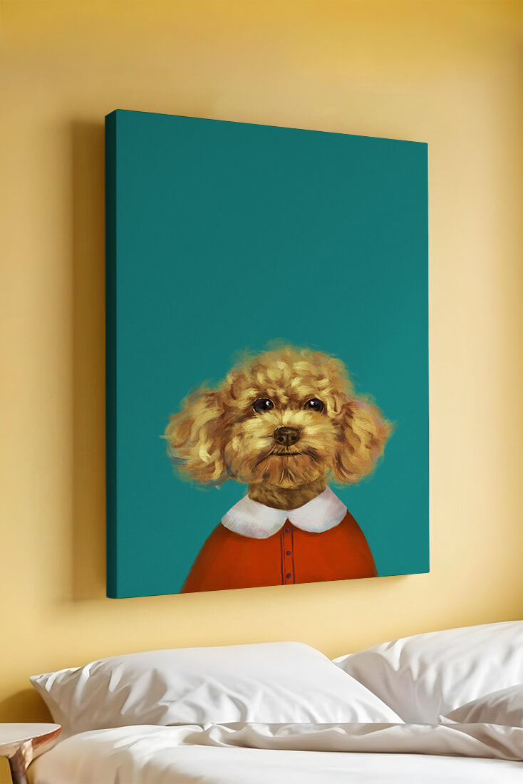 Portrait de caniche charmant en tenue de fête sur fond turquoise