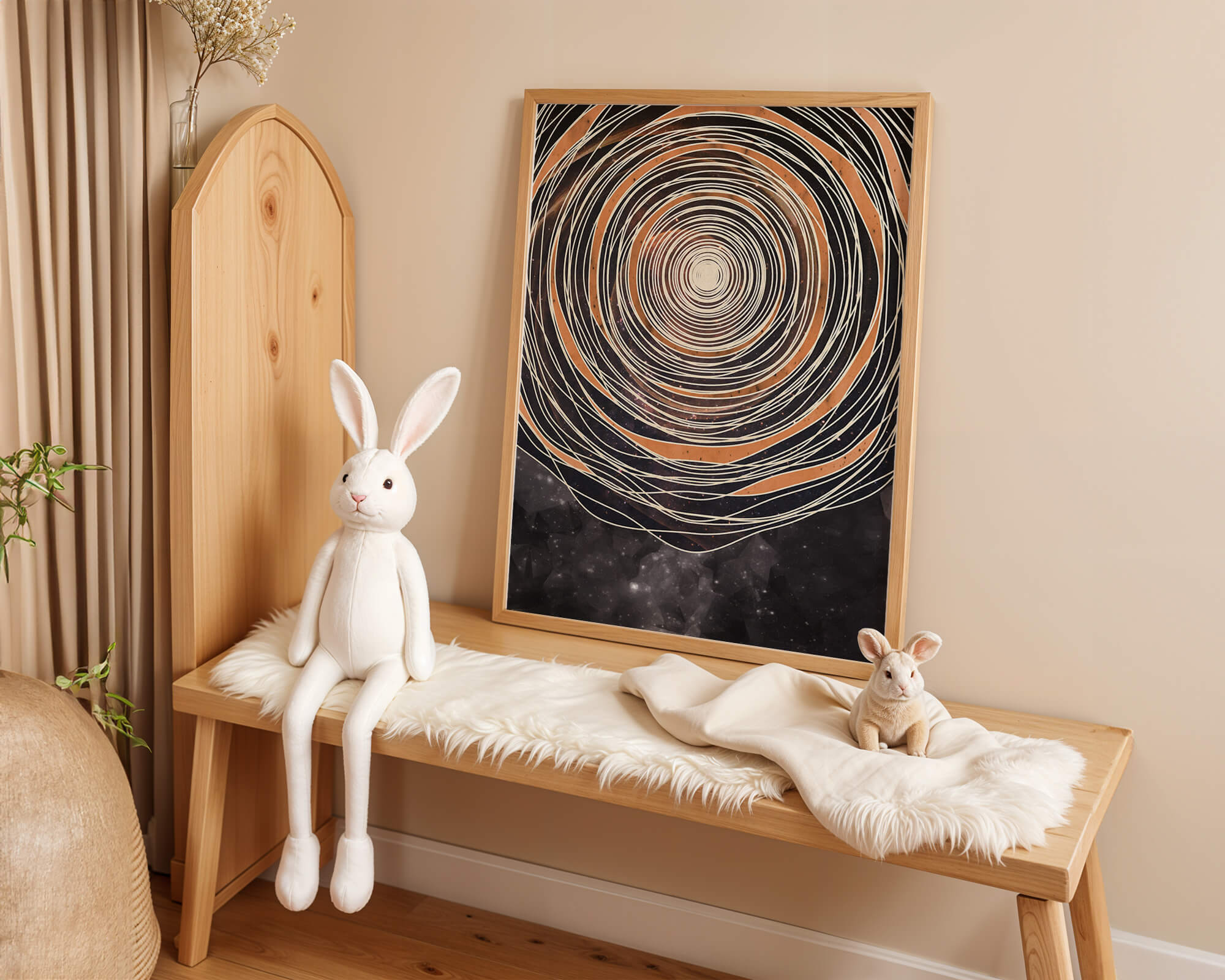 Abstract cosmic spiral with concentric oval patterns and starry background