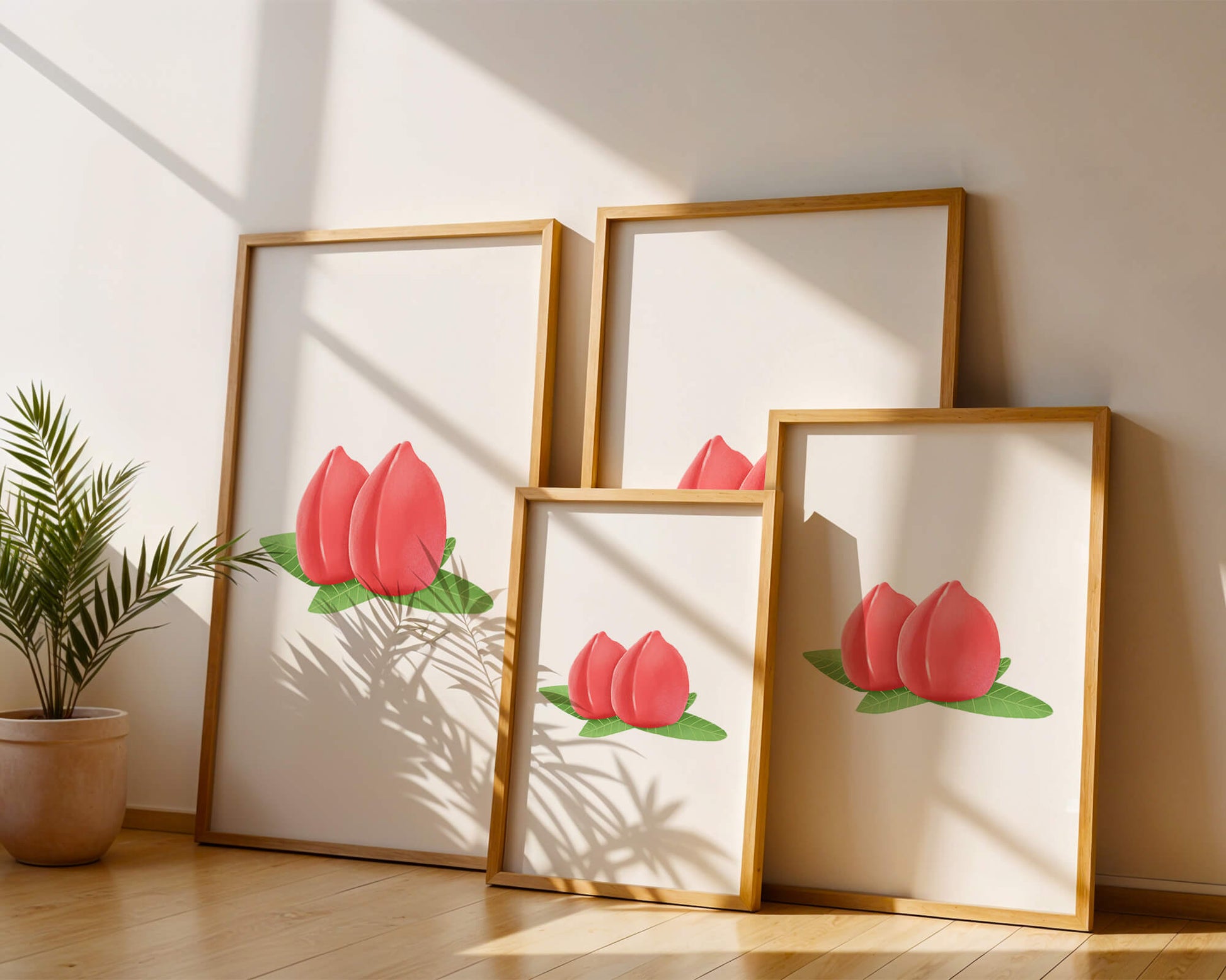 Realistic illustration of juicy peaches with green leaves