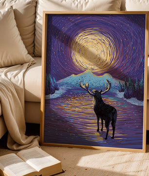 Moose Under Starry Night Sky with Radiant Moon