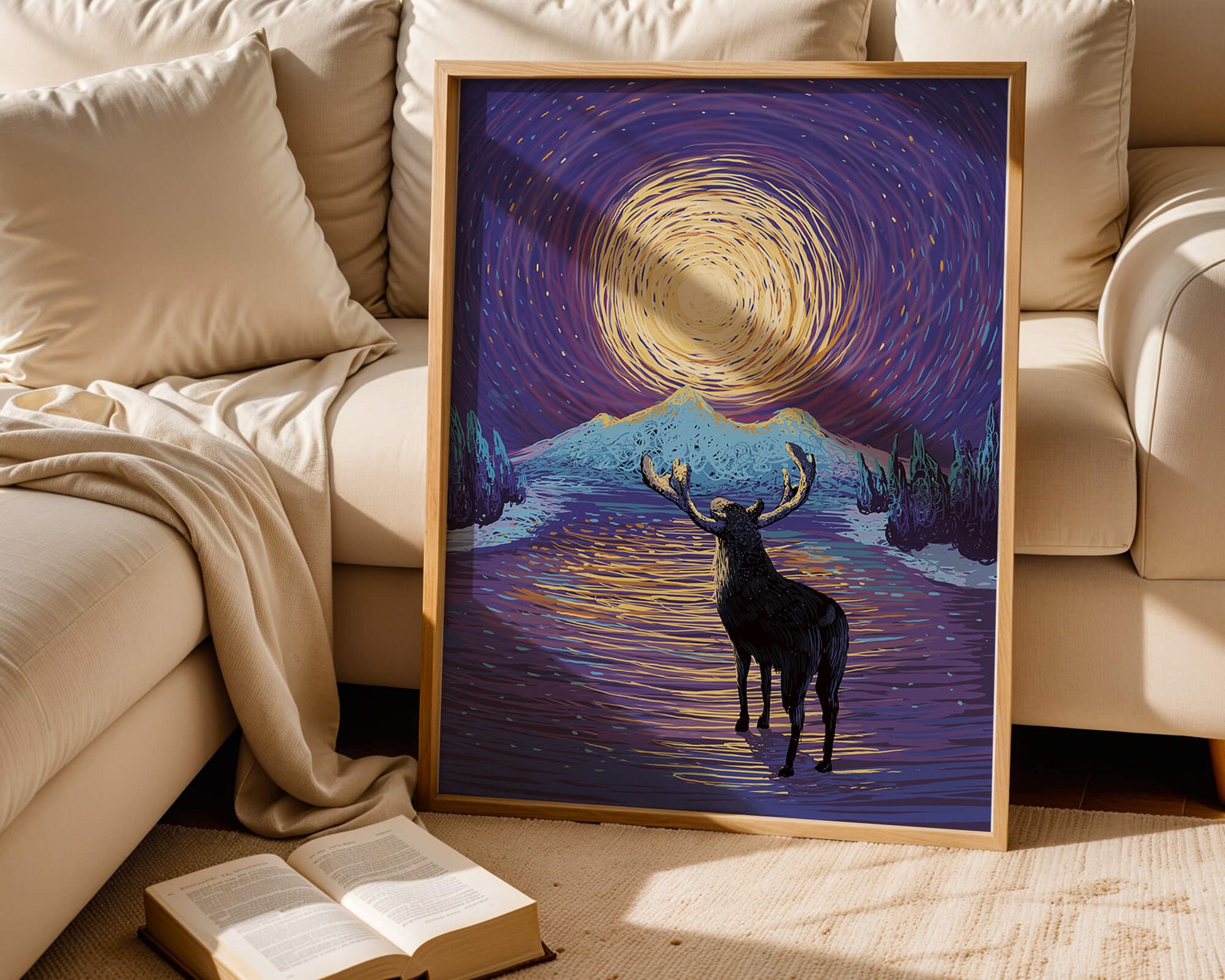 Moose Under Starry Night Sky with Radiant Moon