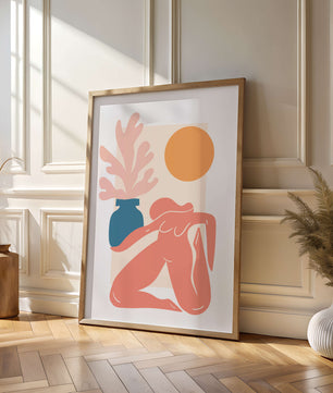 Figura desnuda abstracta con jarrón y sol en estilo minimalista