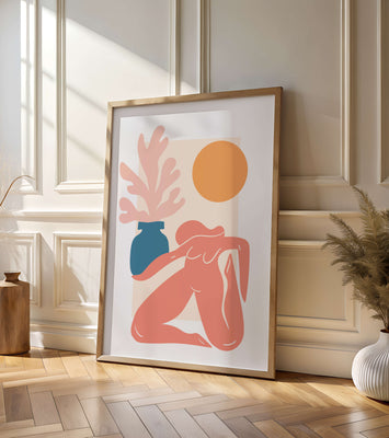 Abstract Nude Figure with Vase and Sun in Minimalist Style
