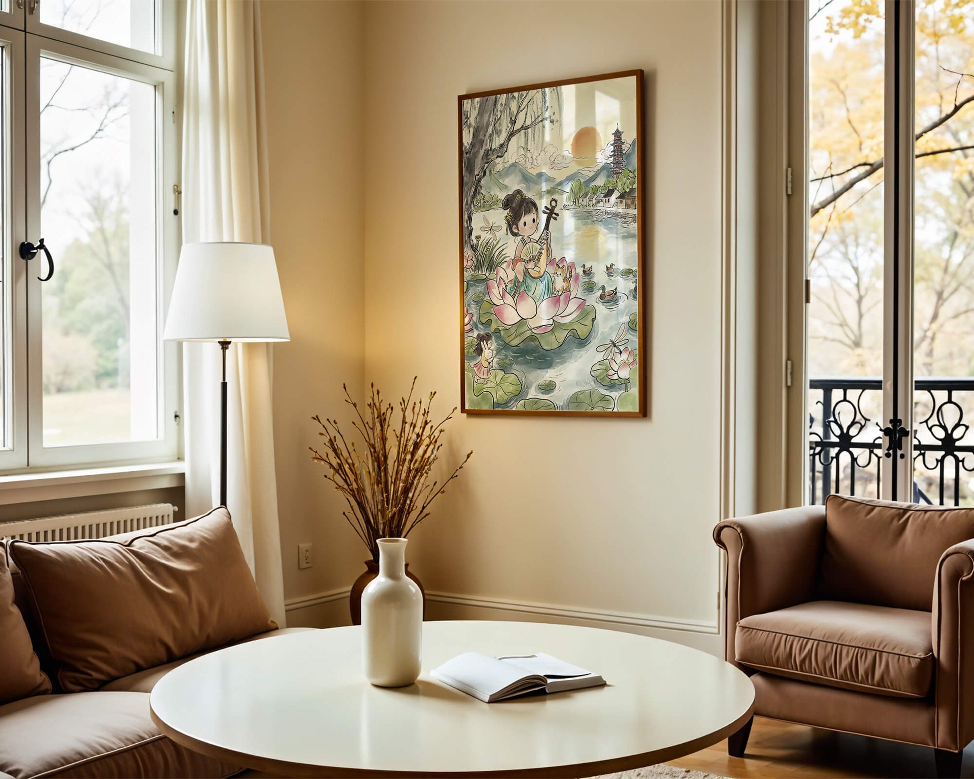 Traditional Asian Scenery with Girl Playing Instrument on Lotus Pond at Sunset