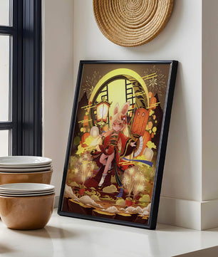 Festive celebration with a lantern-carrying character amidst fireworks and moonlight