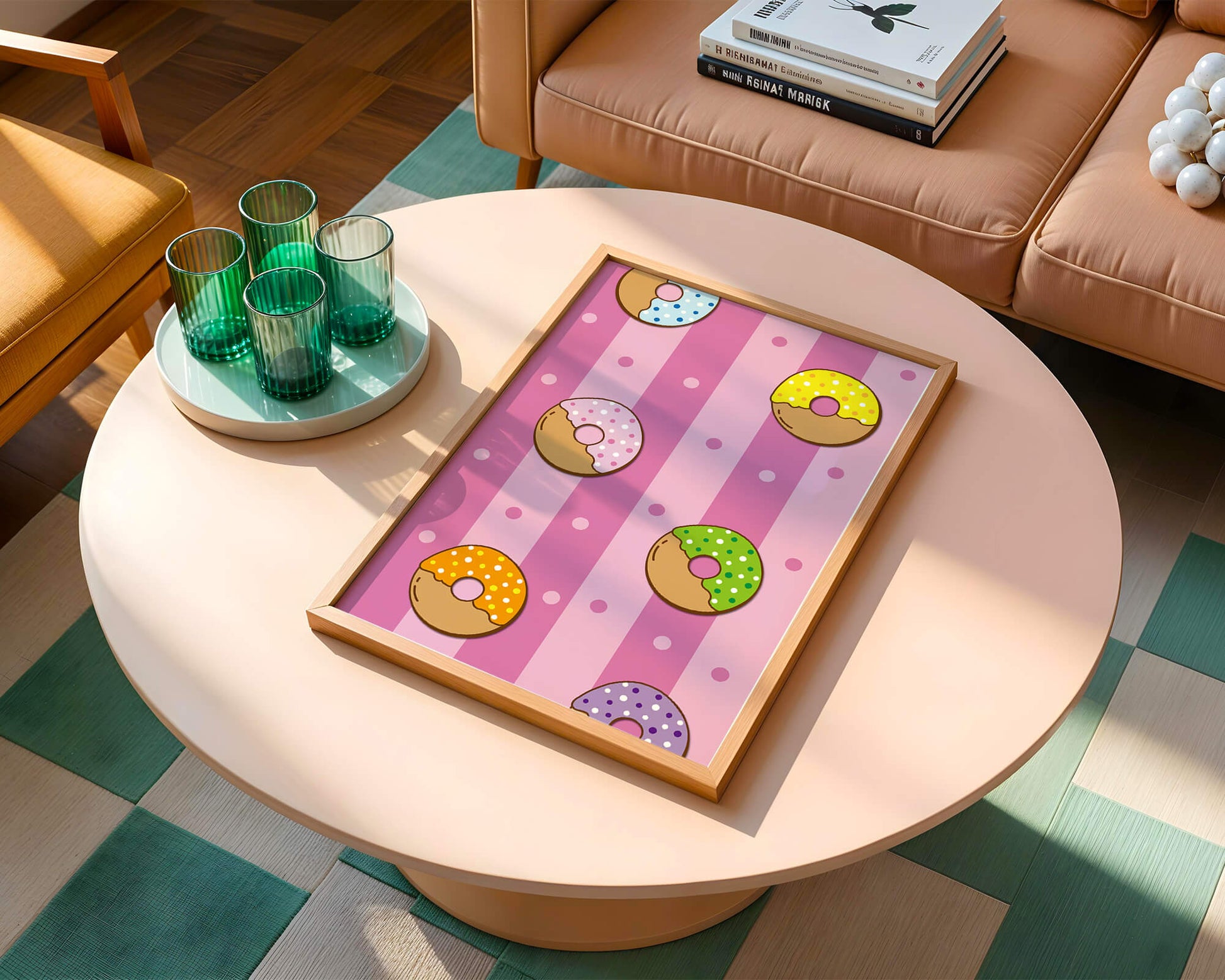 Colorful donut pattern on pink striped background