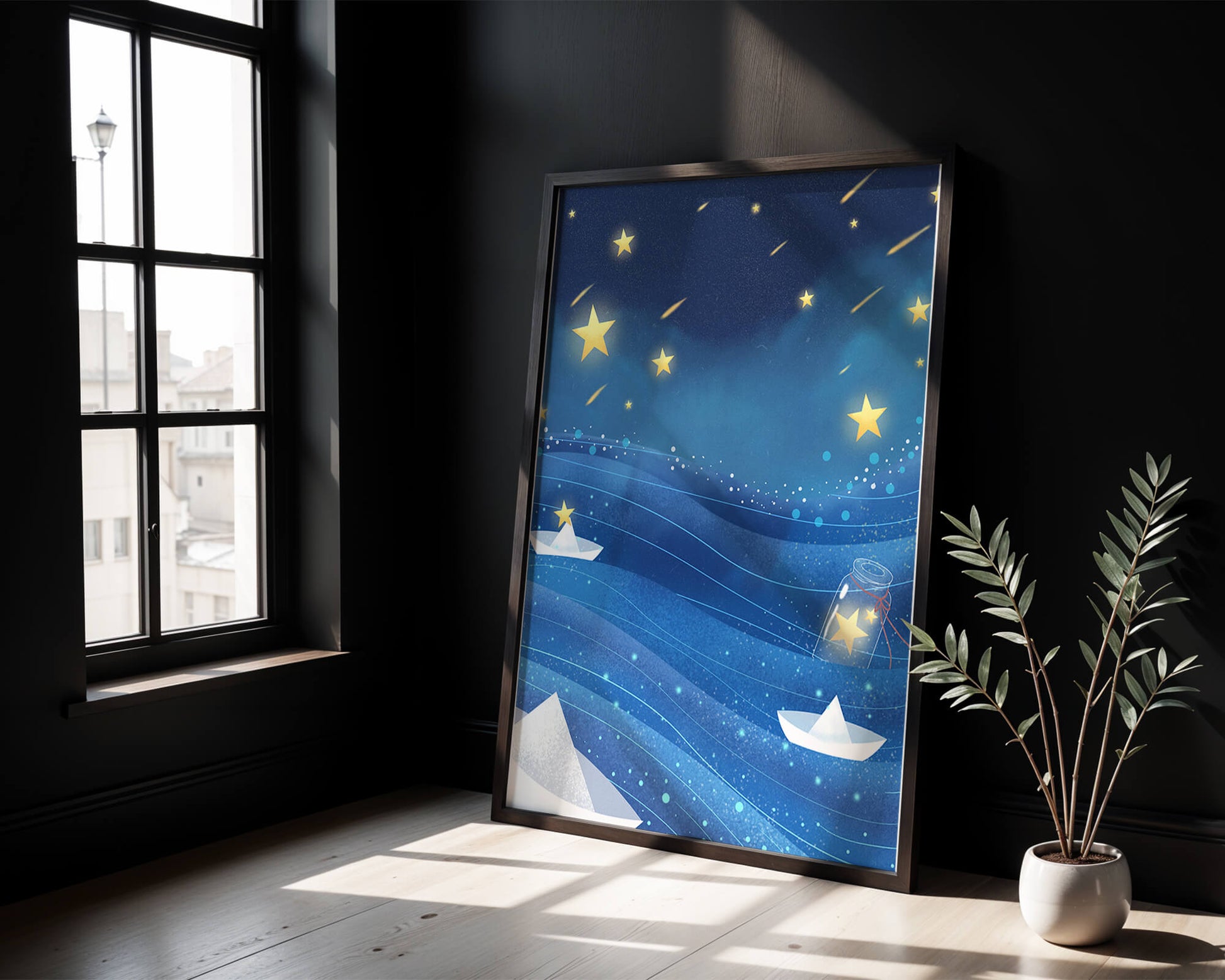 Sterne am Nachthimmel mit Papierbooten auf dem Meer