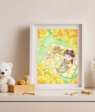 Charming autumn picnic scene with girl and cat surrounded by ginkgo leaves