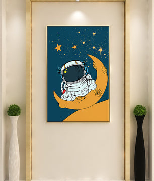 Charming Astronaut Sitting on a Crescent Moon with Stars in Space - Mi tienda