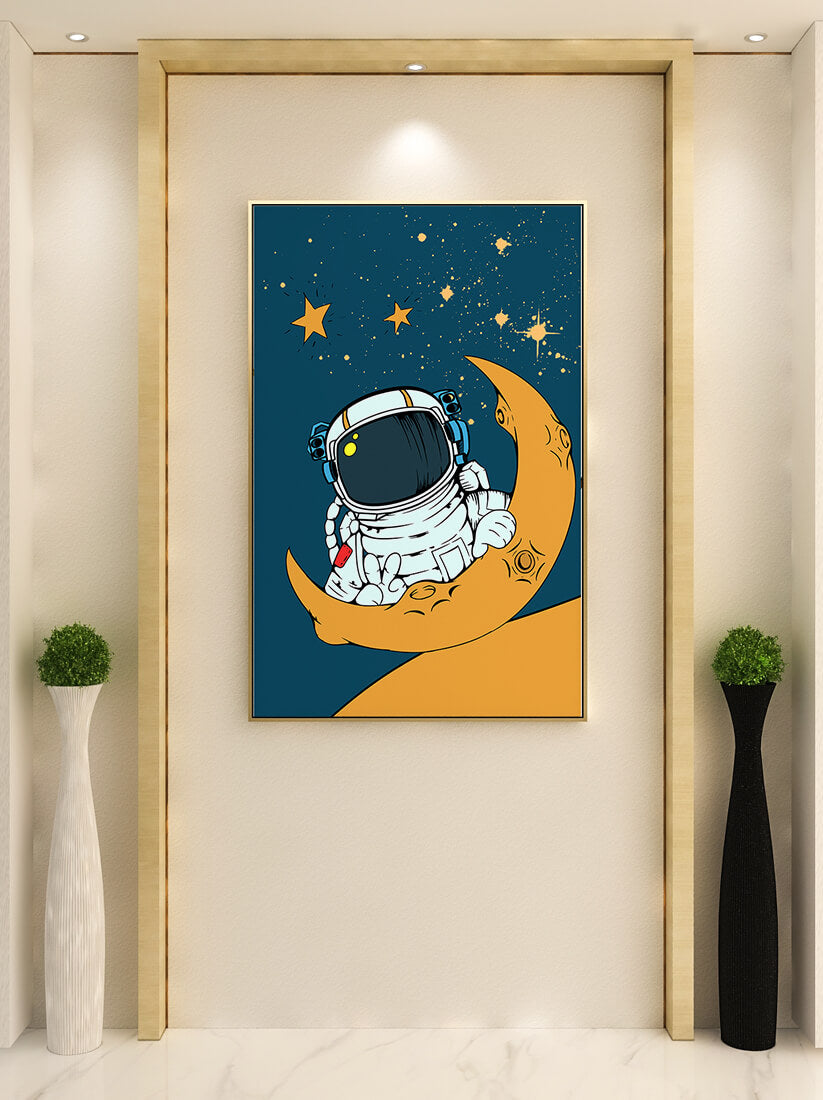 Charming Astronaut Sitting on a Crescent Moon with Stars in Space - Mi tienda