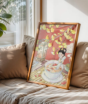 Charmante illustration d’un enfant avec un bol sous des feuilles d’automne