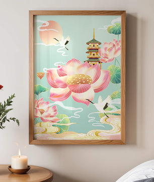 Paysage serein avec des fleurs de lotus et une pagode traditionnelle