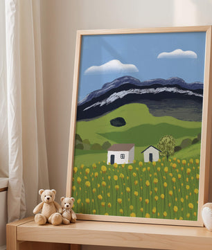 Peaceful Rural Landscape with Houses and Yellow Flowers under Blue Sky