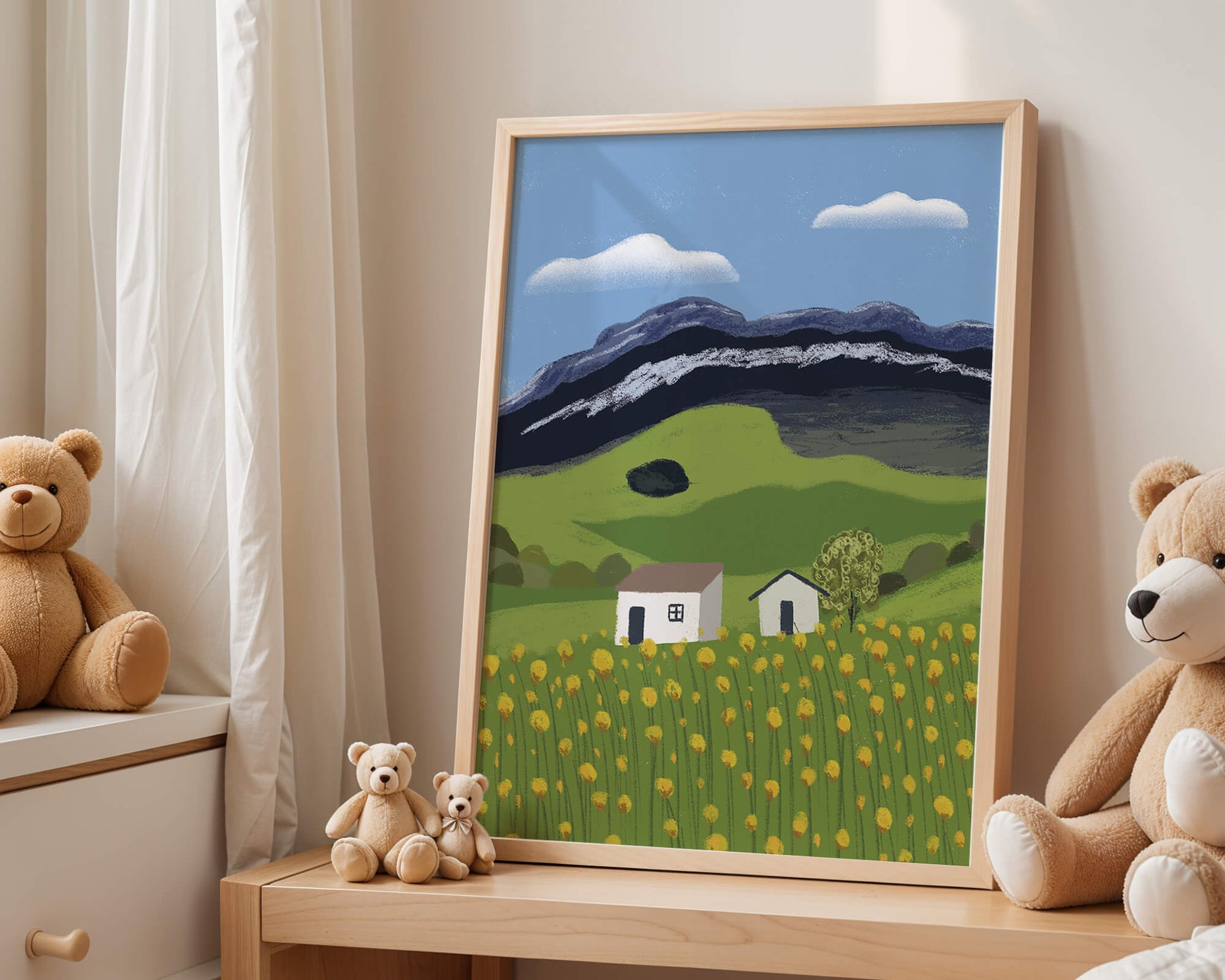 Peaceful Rural Landscape with Houses and Yellow Flowers under Blue Sky
