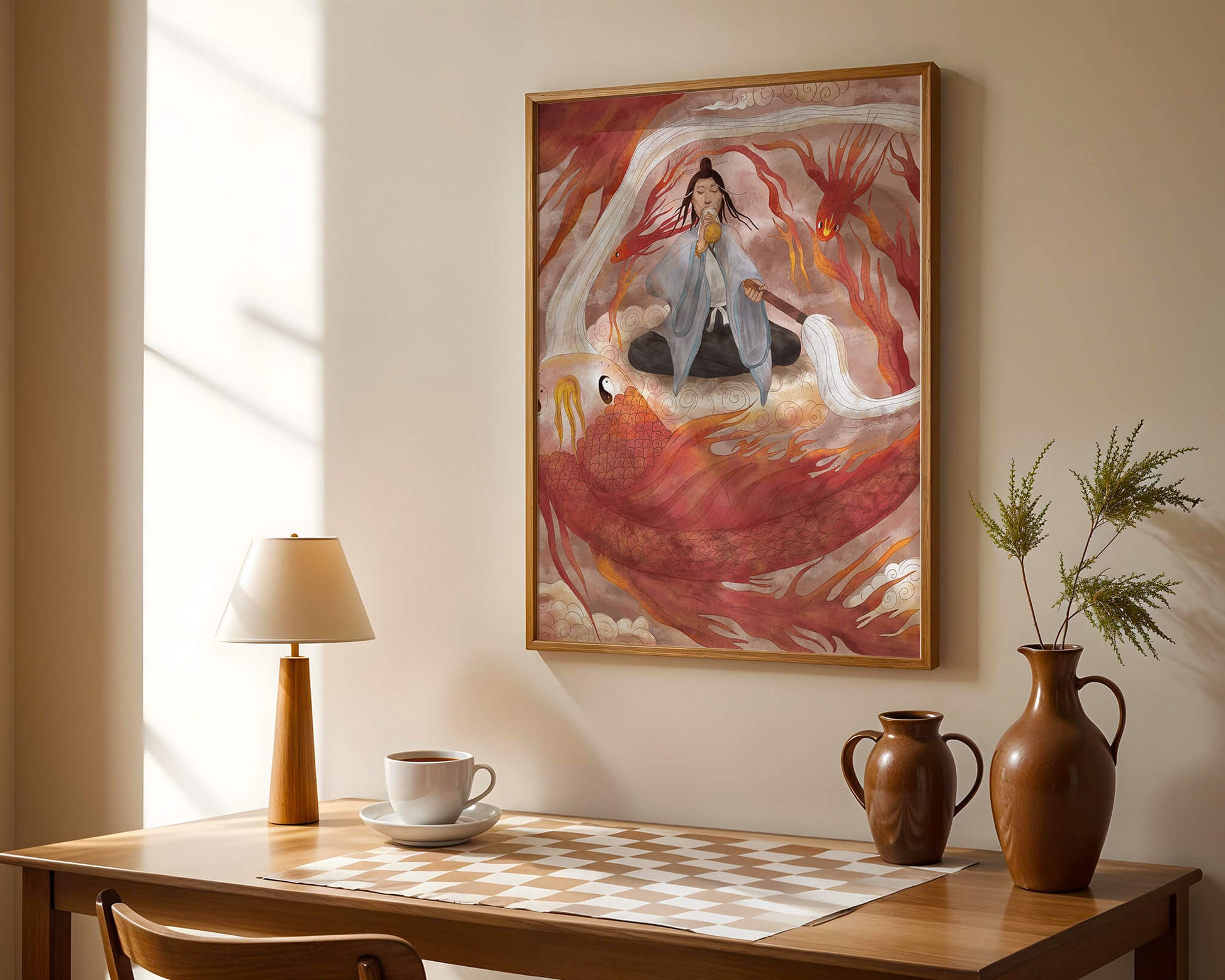 Serene meditation with mystical elements and mythical creatures