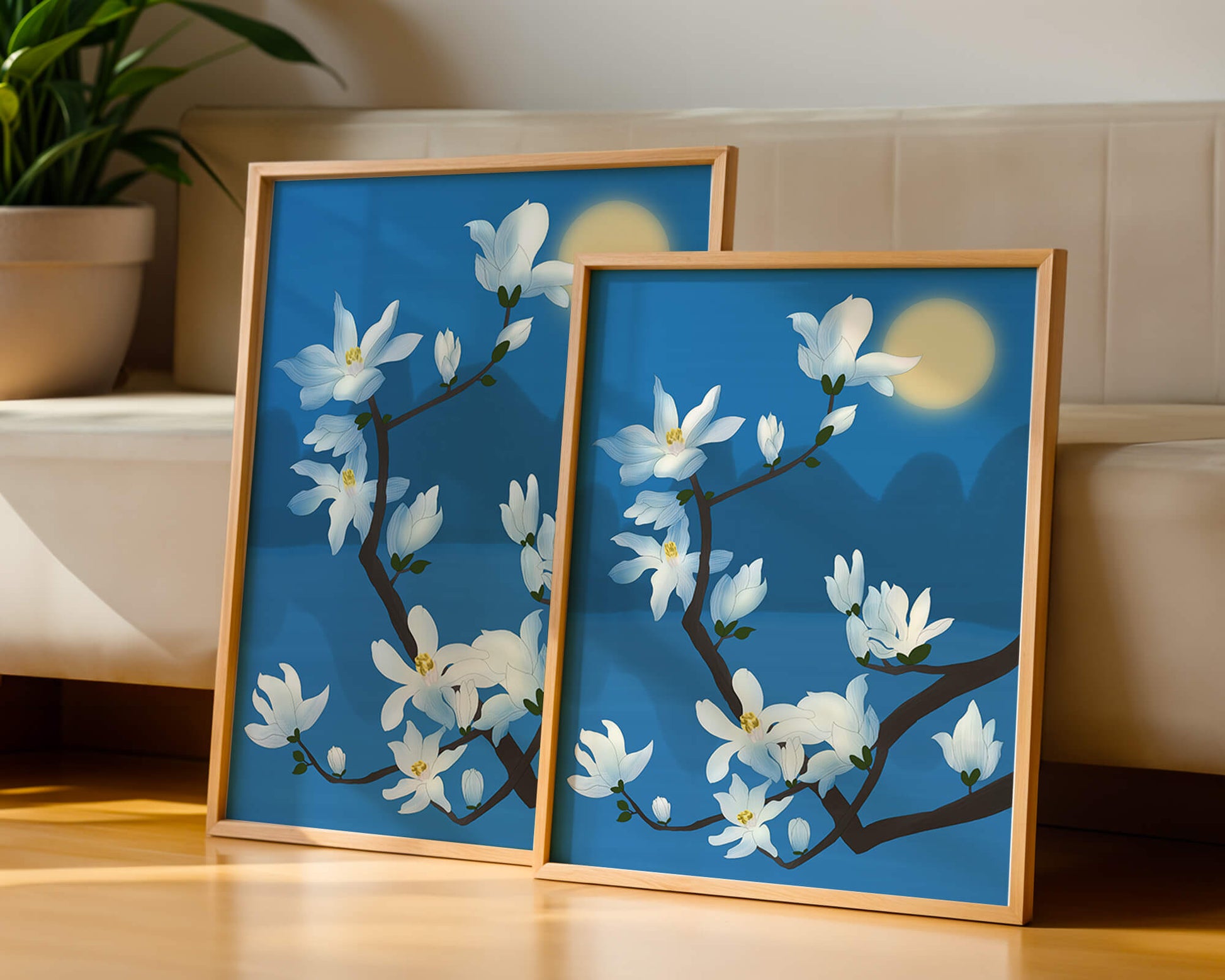 White magnolia branch under moonlight with blue background