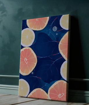Frutas cítricas coloridas sobre fondo oscuro de hojas