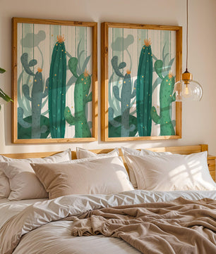 Colorful Cacti with Golden Elements on a Textured Background