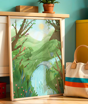 Serene Landscape with Birds and River under Sunny Sky