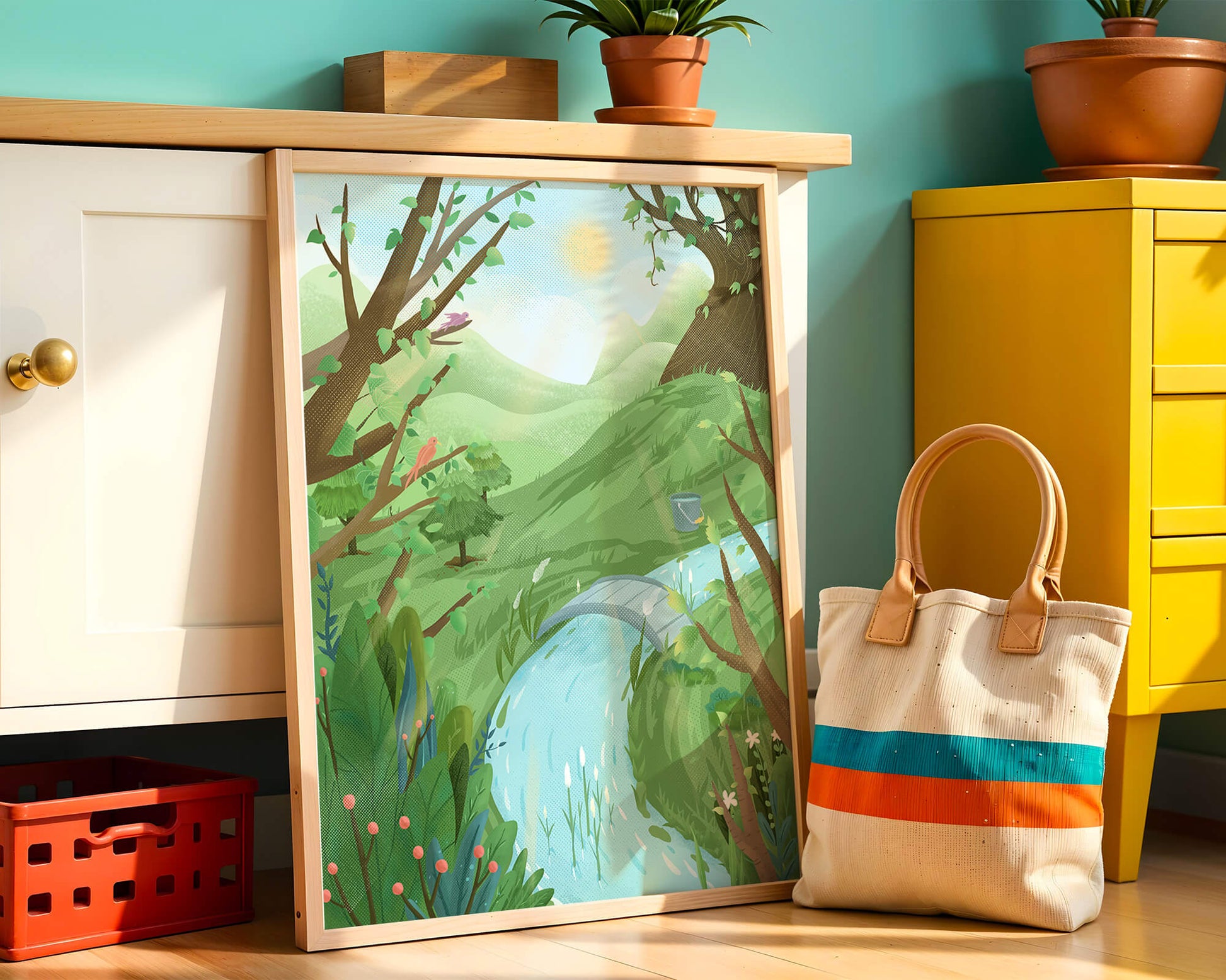 Paisaje sereno con aves y río bajo un cielo soleado