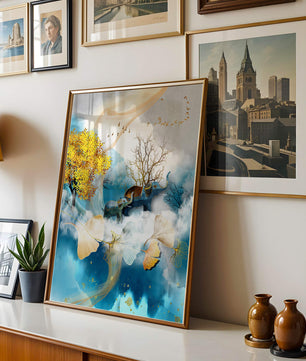 Surreal Nature Scene with Elephants and Golden Leaves