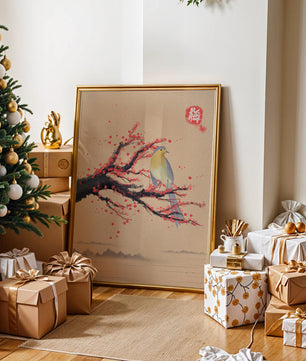 Oiseau serein sur une branche de cerisier dans le style artistique asiatique traditionnel