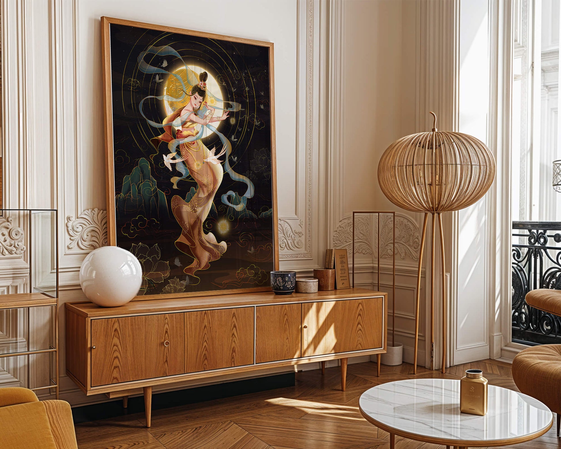 Elegant celestial dancer with gold elements in an ethereal fantasy scene