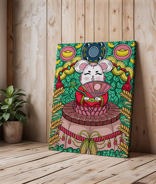 Ratón decorativo encantador con elementos asiáticos y monedas sobre un fondo vibrante