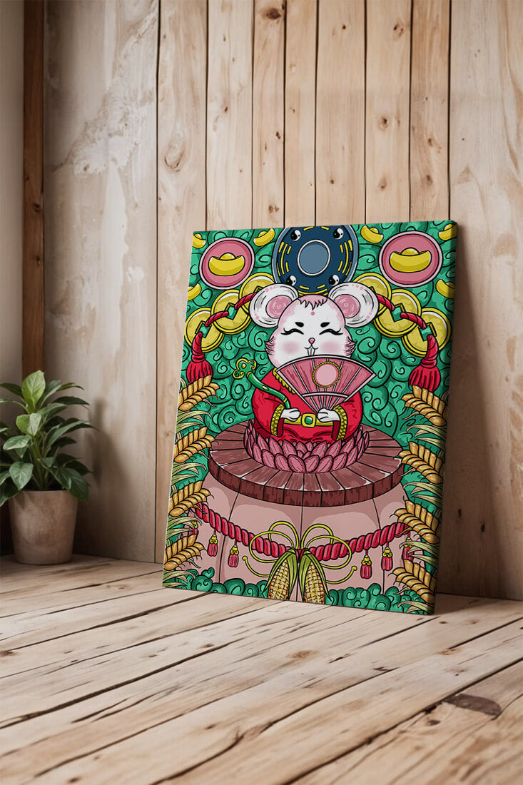 Encantador ratón decorativo con elementos asiáticos y monedas sobre un fondo vibrante.