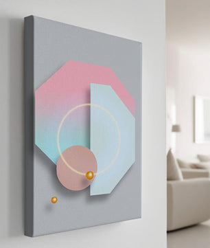 An abstract geometric art piece with pastel tones and golden accents