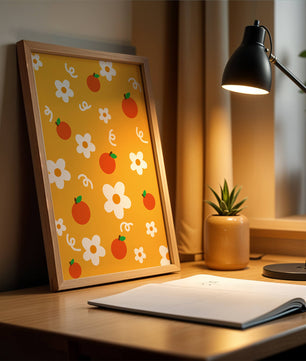 Playful floral and fruity pattern on a vibrant yellow background