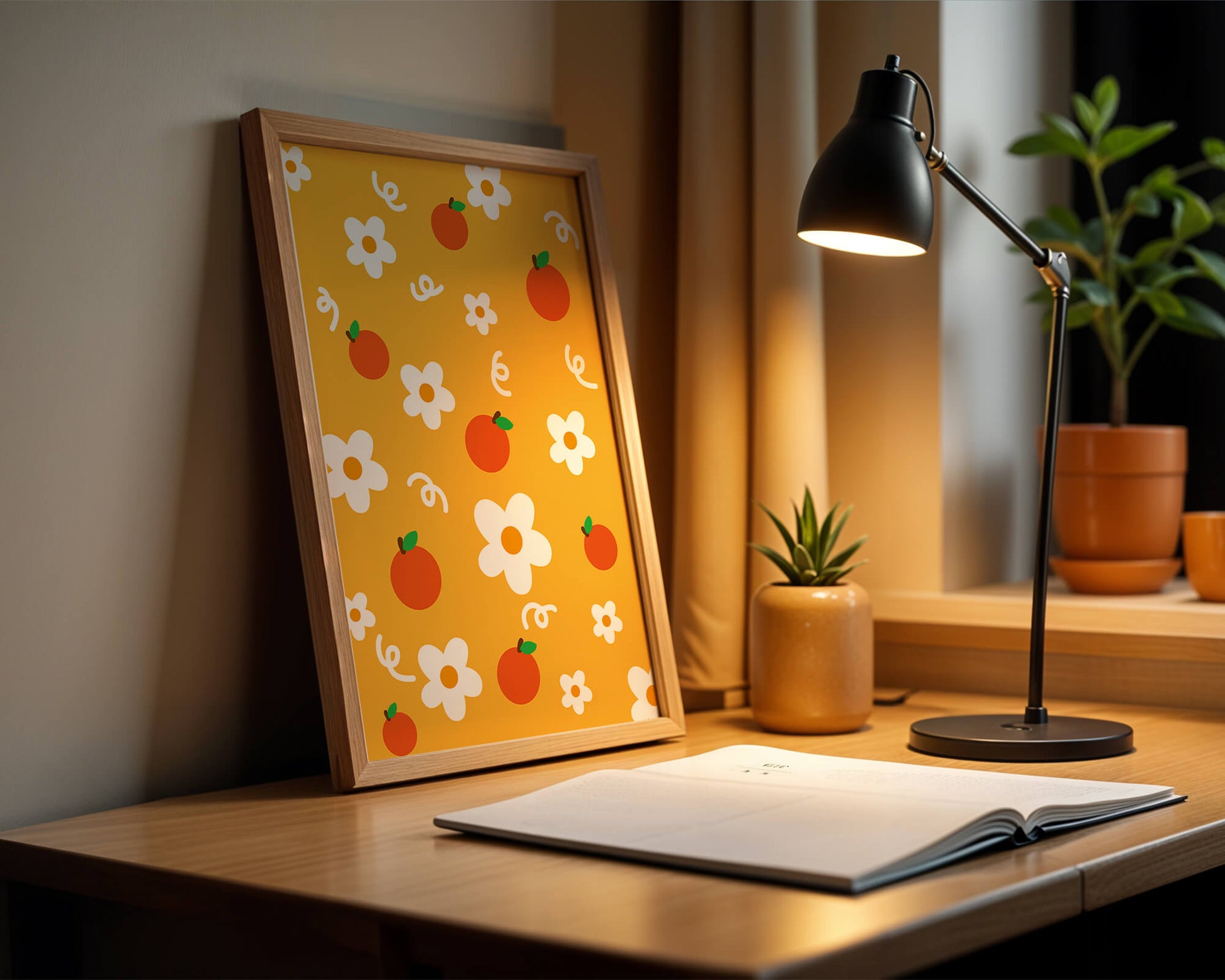 Playful floral and fruity pattern on a vibrant yellow background
