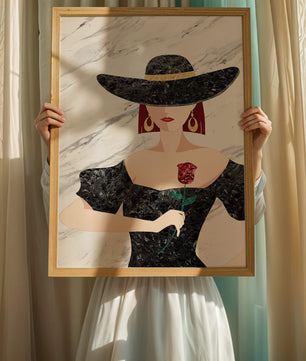 Elegante Frau mit stilvollem schwarzen Hut und roter Rose